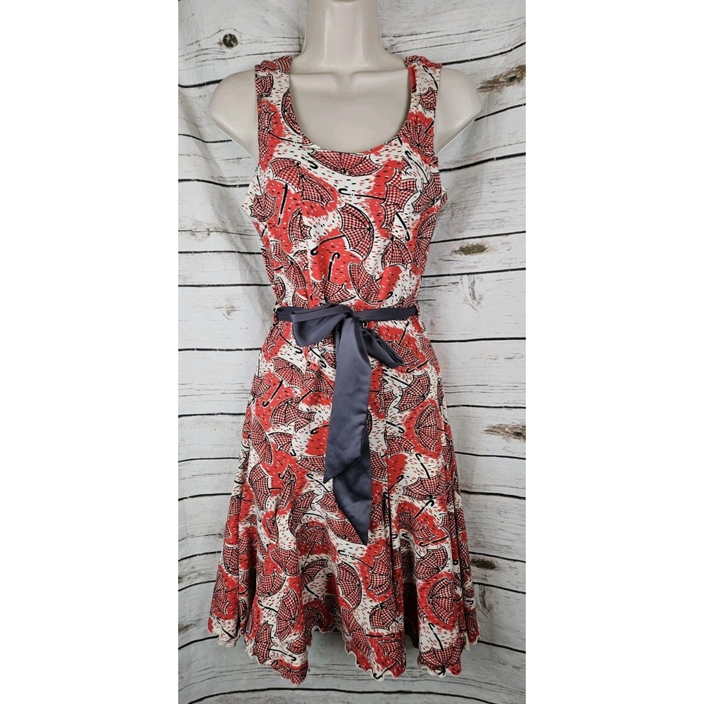 Effie's Heart Red Umbrella Print Dress S Midi Fit & Flare Tie Belt Pima Cotton